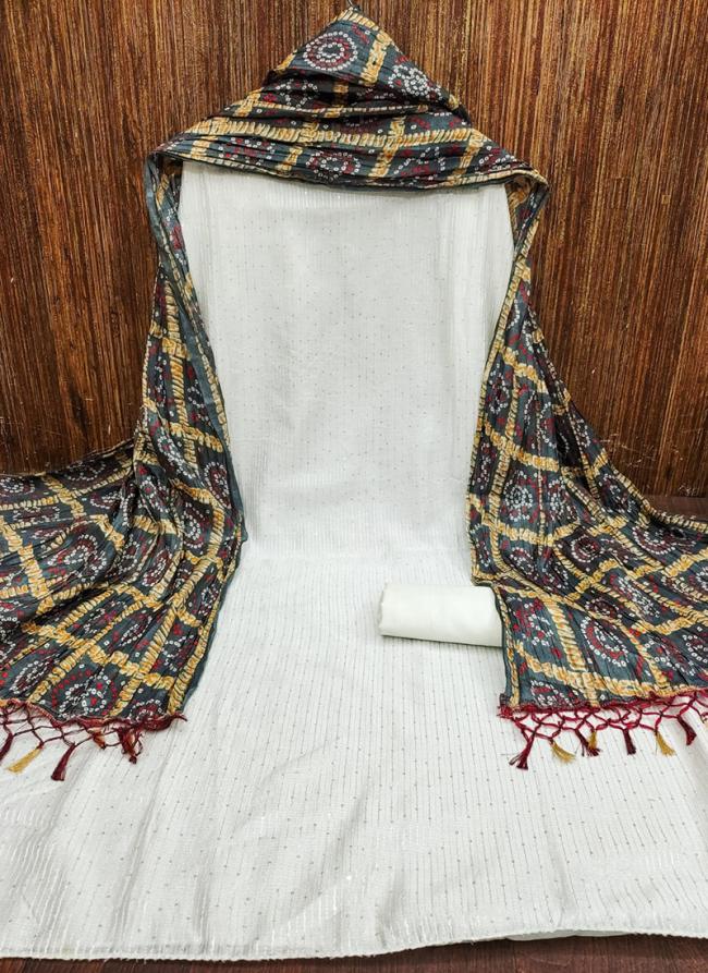 Chanderi White Grey Traditional Wear Croset Work Dress Material